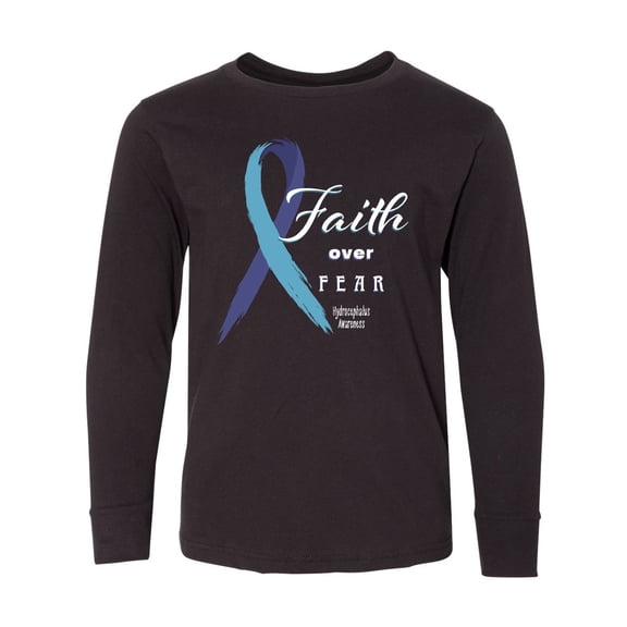 Inktastic Faith over Fear Hydrocephalus Awareness with Blue Ribbon Long Sleeve Youth T-Shirt