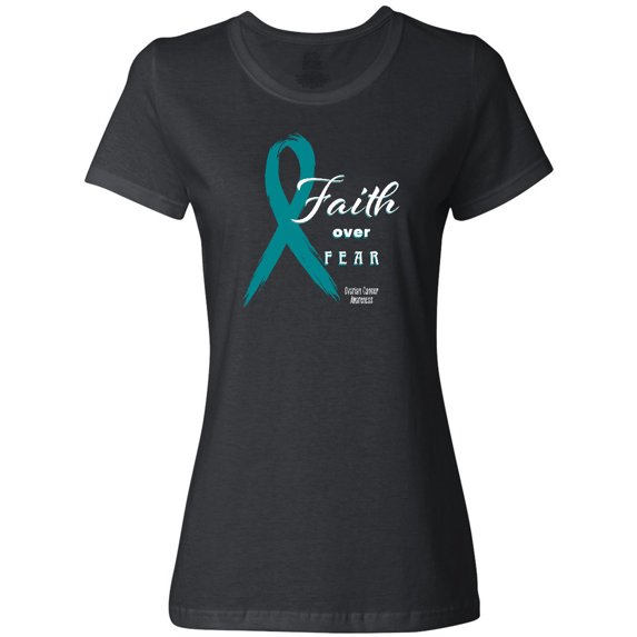 Inktastic Faith over Fear Ovarian Cancer Awareness with Teal Ribbon Women's T-Shirt