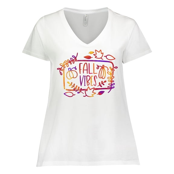 Inktastic Fall Vibes with Leaves and Pumpkins Women's Plus Size V-Neck T-Shirt