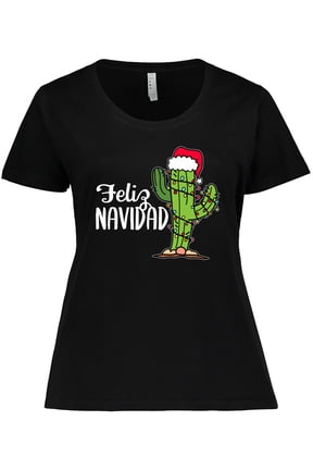 Feliz Navidad Christmas Cactus in Santa Hat Women's Plus Size T-Shirt