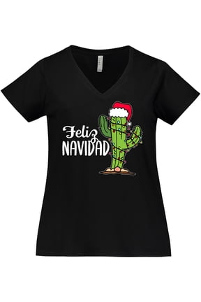 Feliz Navidad Christmas Cactus in Santa Hat Women's Plus Size V-Neck T-Shirt