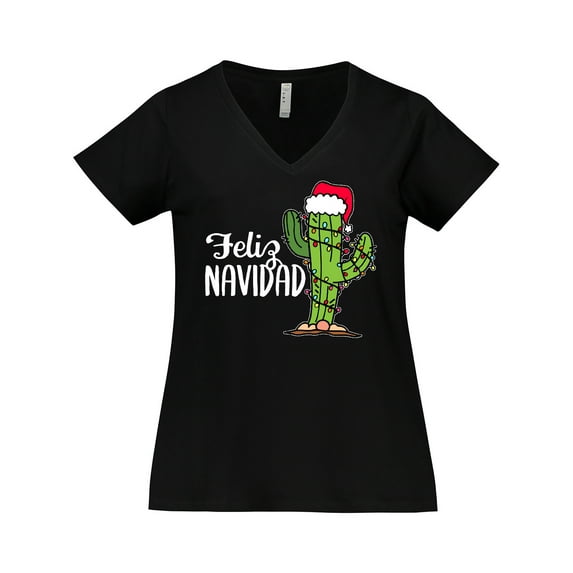 Inktastic Feliz Navidad Christmas Cactus in Santa Hat Women's Plus Size V-Neck T-Shirt