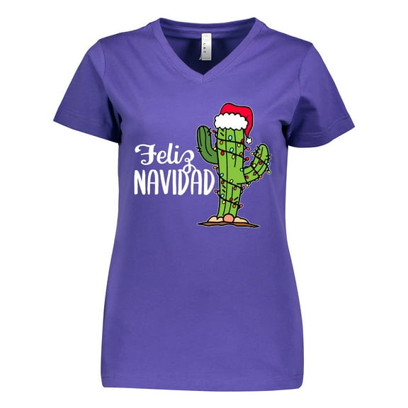 Inktastic Feliz Navidad Christmas Cactus in Santa Hat Women's V-Neck T-Shirt