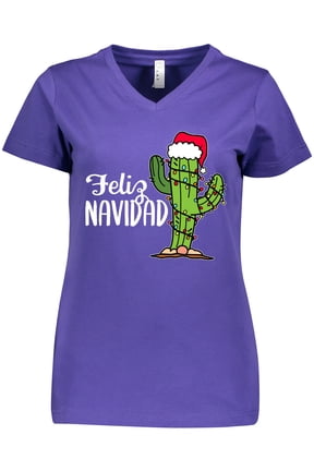 Feliz Navidad Christmas Cactus in Santa Hat Women's V-Neck T-Shirt