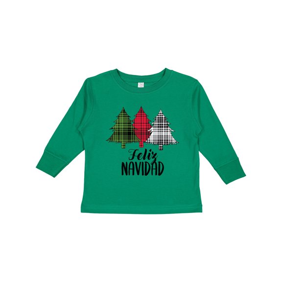 Inktastic Feliz Navidad Plaid Trees Boys or Girls Long Sleeve Toddler T-Shirt