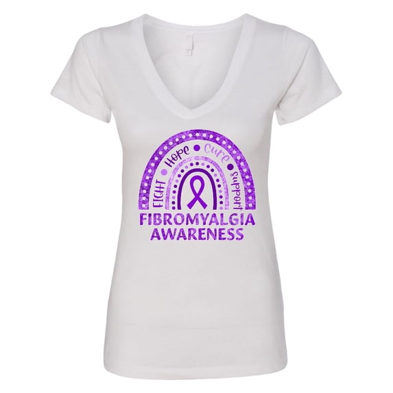 Inktastic Fibromyalgia Awareness Rainbow with Purple Ribbon Women's V-Neck T-Shirt