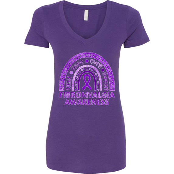 Inktastic Fibromyalgia Awareness Rainbow with Purple Ribbon Women's V-Neck T-Shirt