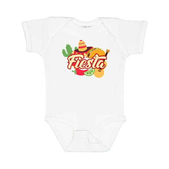 Inktastic Fiesta with Sombrero Taco Cactus Lime Red Pepper and Guitar in Background Boys or Girls Baby Bodysuit