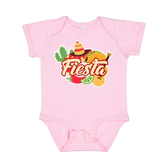 Inktastic Fiesta with Sombrero Taco Cactus Lime Red Pepper and Guitar in Background Boys or Girls Baby Bodysuit