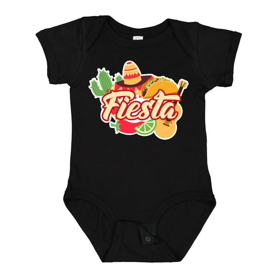 Inktastic Fiesta with Sombrero Taco Cactus Lime Red Pepper and Guitar in Background Boys or Girls Baby Bodysuit