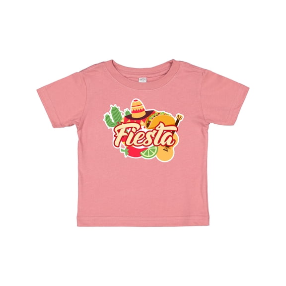 Inktastic Fiesta with Sombrero Taco Cactus Lime Red Pepper and Guitar in Background Boys or Girls Baby T-Shirt