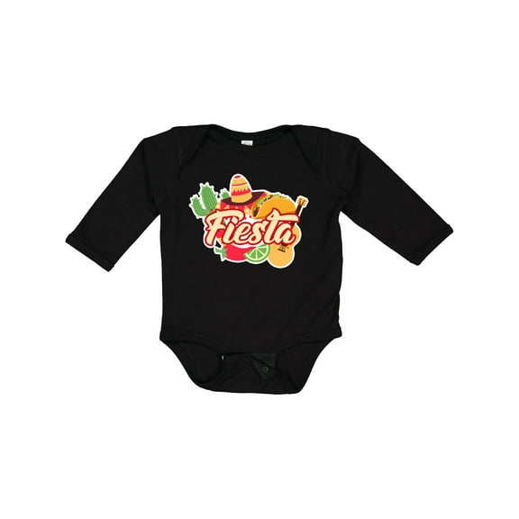 Inktastic Fiesta with Sombrero Taco Cactus Lime Red Pepper and Guitar in Background Boys or Girls Long Sleeve Baby Bodysuit
