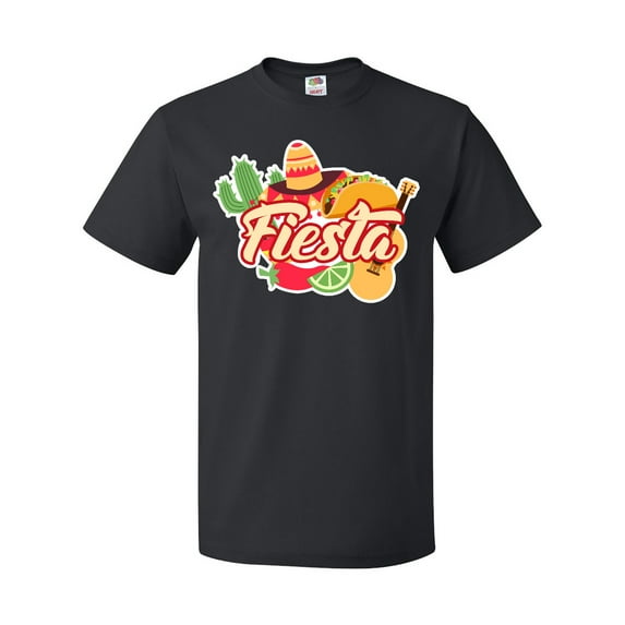 Inktastic Fiesta with Sombrero Taco Cactus Lime Red Pepper and Guitar in Background T-Shirt