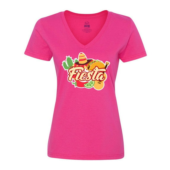Inktastic Fiesta with Sombrero Taco Cactus Lime Red Pepper and Guitar in Background Women's V-Neck T-Shirt
