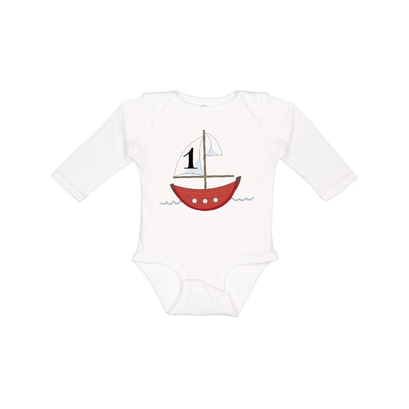 Inktastic First Birthday-1 Year Old red boat Boys or Girls Long Sleeve Baby Bodysuit