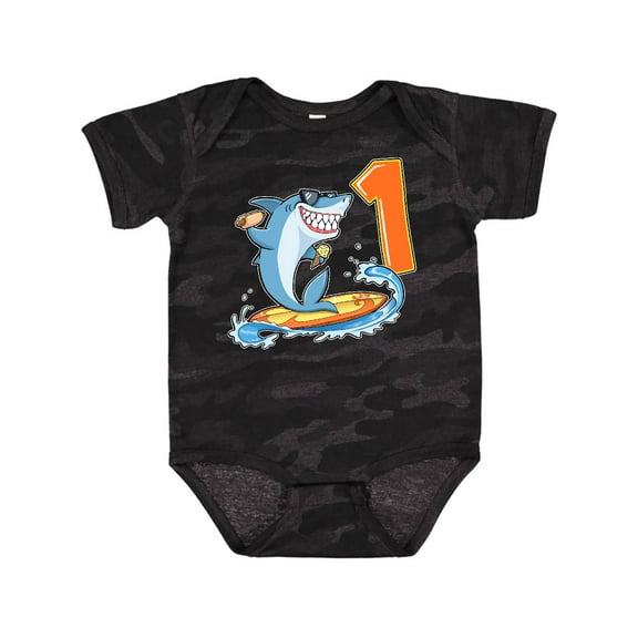 Inktastic First Birthday Surfing Shark with Hot Dog and Ice Cream Boys or Girls Baby Bodysuit