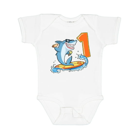 Inktastic First Birthday Surfing Shark with Hot Dog and Ice Cream Boys or Girls Baby Bodysuit