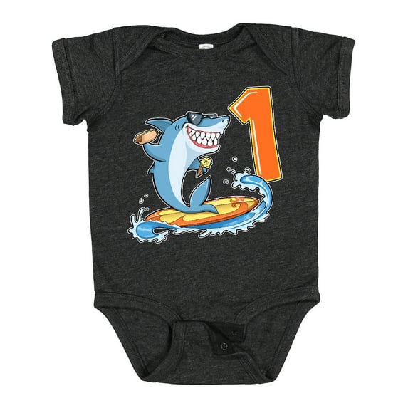 Inktastic First Birthday Surfing Shark with Hot Dog and Ice Cream Boys or Girls Baby Bodysuit