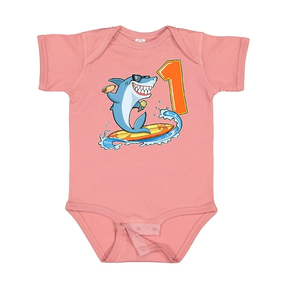 Inktastic First Birthday Surfing Shark with Hot Dog and Ice Cream Boys or Girls Baby Bodysuit