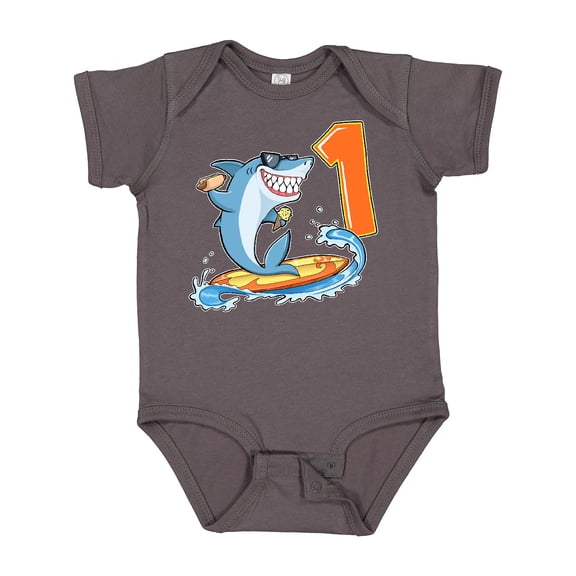 Inktastic First Birthday Surfing Shark with Hot Dog and Ice Cream Boys or Girls Baby Bodysuit