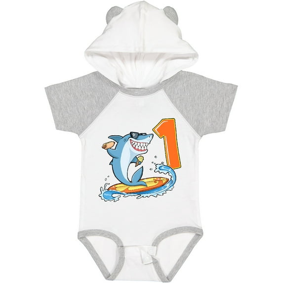 Inktastic First Birthday Surfing Shark with Hot Dog and Ice Cream Boys or Girls Baby Bodysuit