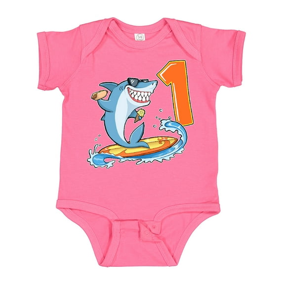 Inktastic First Birthday Surfing Shark with Hot Dog and Ice Cream Boys or Girls Baby Bodysuit