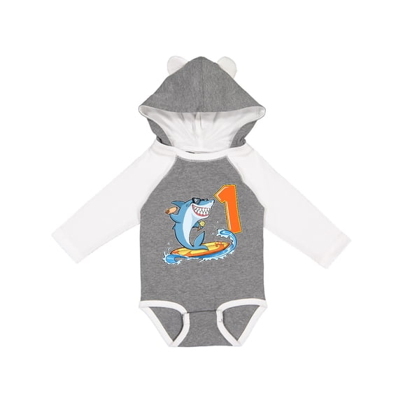 Inktastic First Birthday Surfing Shark with Hot Dog and Ice Cream Boys or Girls Long Sleeve Baby Bodysuit