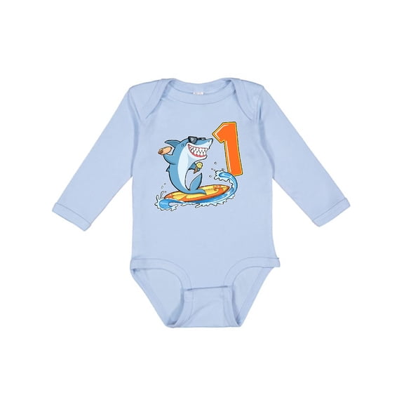 Inktastic First Birthday Surfing Shark with Hot Dog and Ice Cream Boys or Girls Long Sleeve Baby Bodysuit