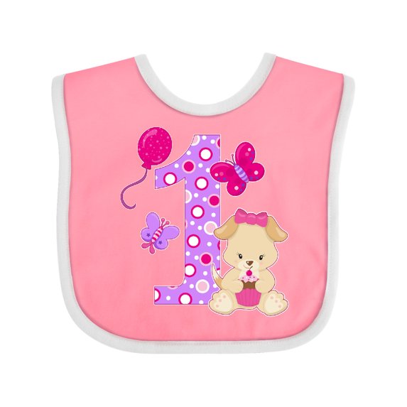 Inktastic First Birthday with Cute Puppy and Butterflies Boys or Girls Baby Bib