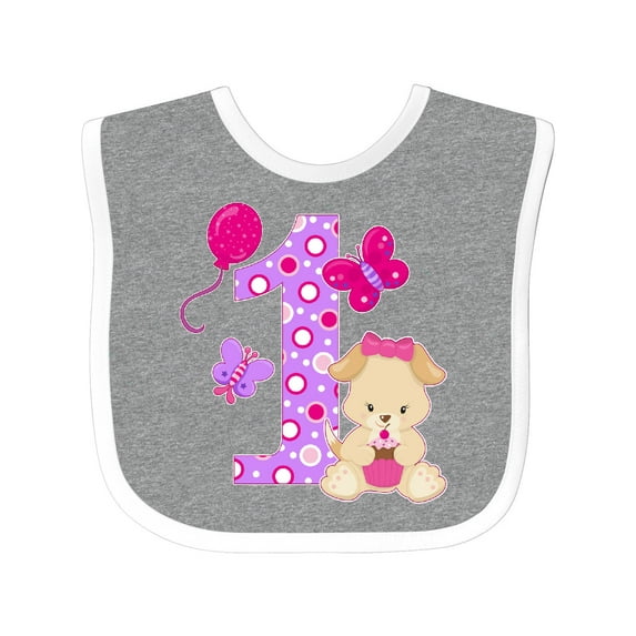 Inktastic First Birthday with Cute Puppy and Butterflies Boys or Girls Baby Bib