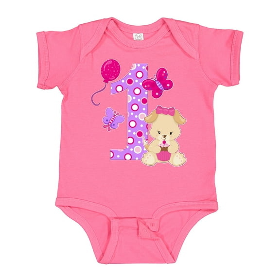 Inktastic First Birthday with Cute Puppy and Butterflies Boys or Girls Baby Bodysuit