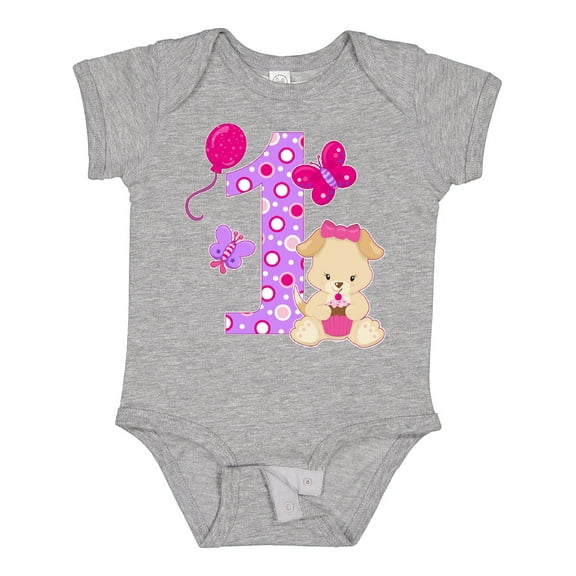 Inktastic First Birthday with Cute Puppy and Butterflies Boys or Girls Baby Bodysuit