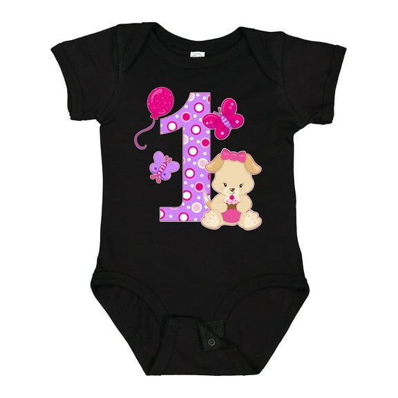 Inktastic First Birthday with Cute Puppy and Butterflies Boys or Girls Baby Bodysuit