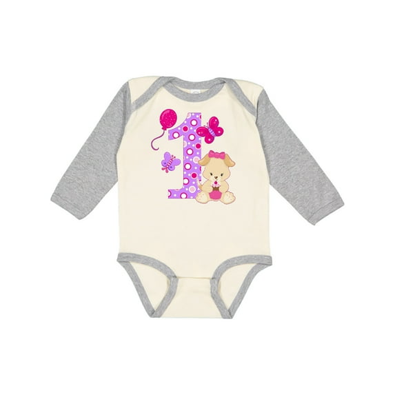 Inktastic First Birthday with Cute Puppy and Butterflies Boys or Girls Long Sleeve Baby Bodysuit