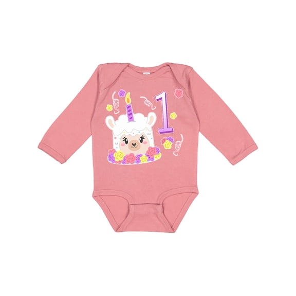 Inktastic First birthday- cute llama cake Boys or Girls Long Sleeve Baby Bodysuit