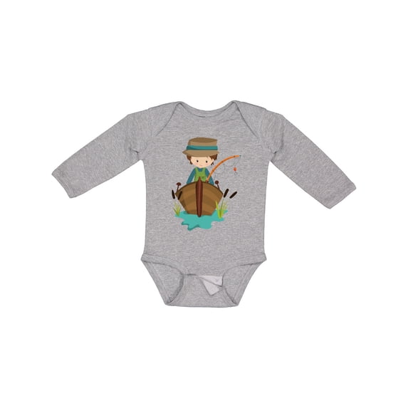 Inktastic Fishing Boy, Brown Hair, Fisherman, Fishing Rod Boys Long Sleeve Baby Bodysuit