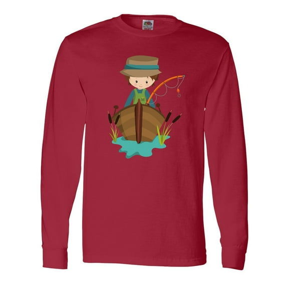 Inktastic Fishing Boy, Brown Hair, Fisherman, Fishing Rod Long Sleeve T-Shirt