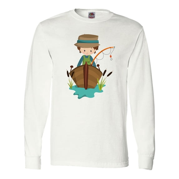 Inktastic Fishing Boy, Brown Hair, Fisherman, Fishing Rod Long Sleeve T-Shirt