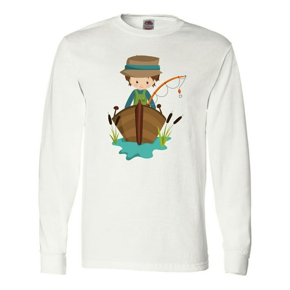 Inktastic Fishing Boy, Brown Hair, Fisherman, Fishing Rod Long Sleeve T-Shirt