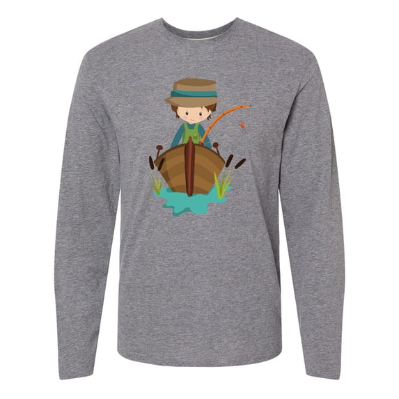 Inktastic Fishing Boy, Brown Hair, Fisherman, Fishing Rod Long Sleeve T-Shirt