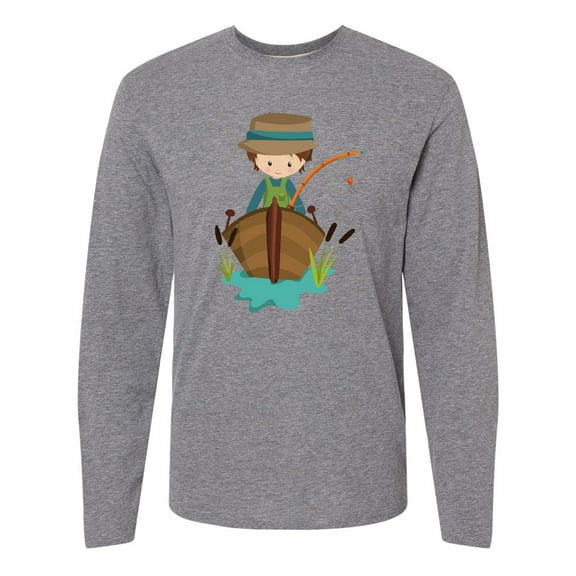 Inktastic Fishing Boy, Brown Hair, Fisherman, Fishing Rod Long Sleeve T-Shirt