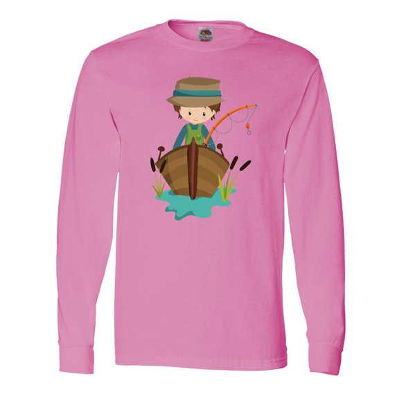 Inktastic Fishing Boy, Brown Hair, Fisherman, Fishing Rod Long Sleeve T-Shirt