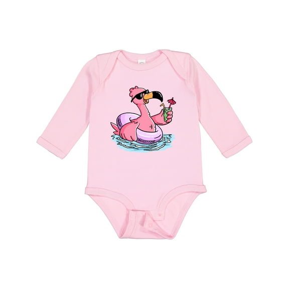 Inktastic Flamingo with Sunglasses Pool Float and Drink Boys or Girls Long Sleeve Baby Bodysuit