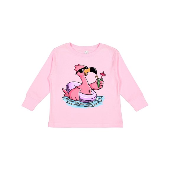 Inktastic Flamingo with Sunglasses Pool Float and Drink Boys or Girls Long Sleeve Toddler T-Shirt