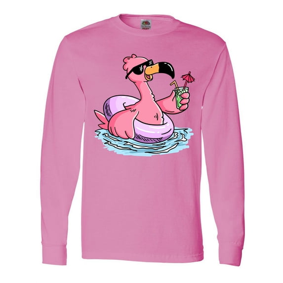 Inktastic Flamingo with Sunglasses Pool Float and Drink Long Sleeve T-Shirt