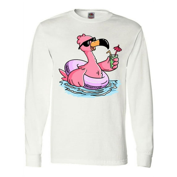 Inktastic Flamingo with Sunglasses Pool Float and Drink Long Sleeve T-Shirt