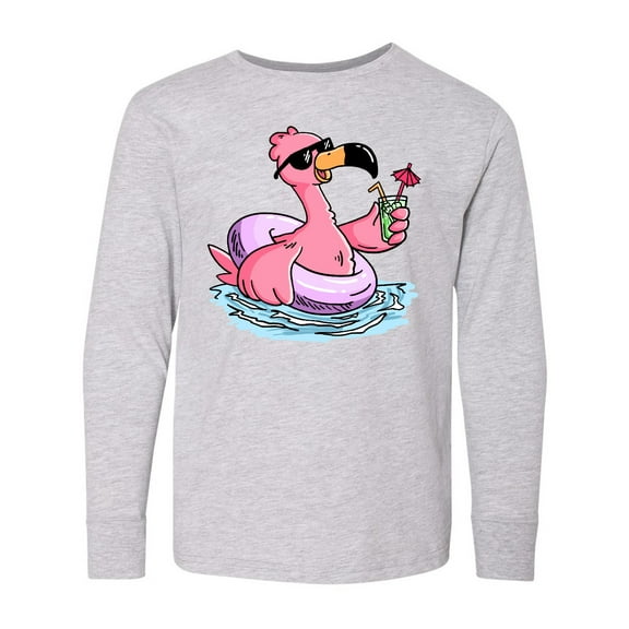 Inktastic Flamingo with Sunglasses Pool Float and Drink Long Sleeve Youth T-Shirt