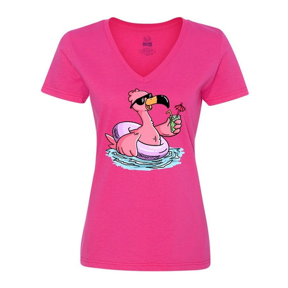Inktastic Flamingo with Sunglasses Pool Float and Drink Women's V-Neck T-Shirt