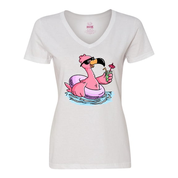 Inktastic Flamingo with Sunglasses Pool Float and Drink Women's V-Neck T-Shirt