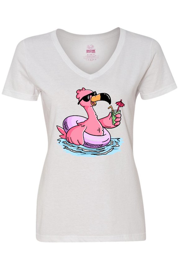 Flamingo with Sunglasses Pool Float and Drink Women's V-Neck T-Shirt